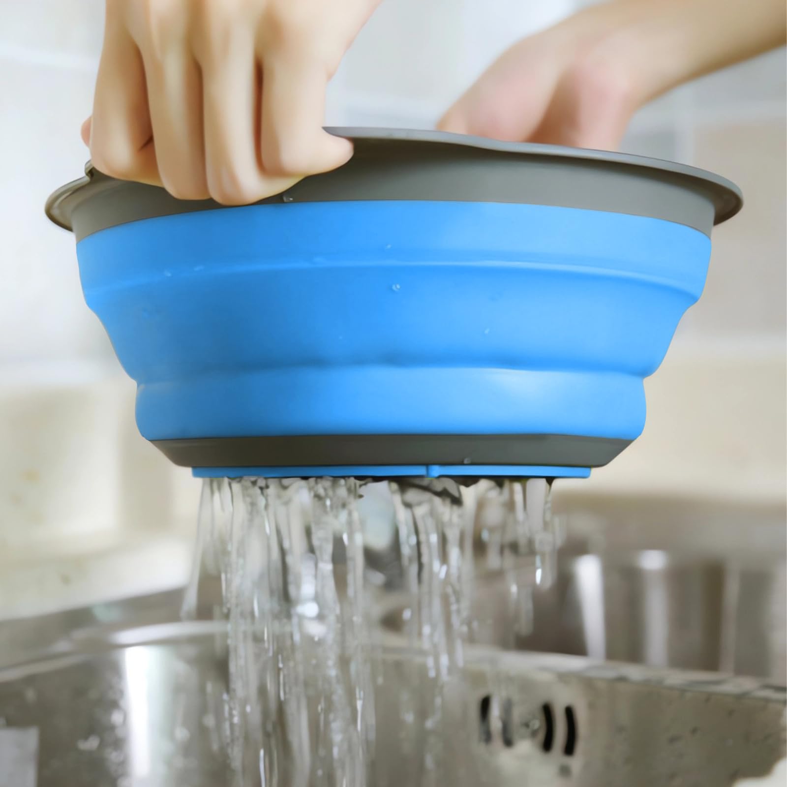 Set di 3 colini pieghevoli salvaspazio per cucina, 3 misure, colino per scolare pasta, verdura e frutta, gadget da cucina per uso domestico e campeggio all'aperto (blu)