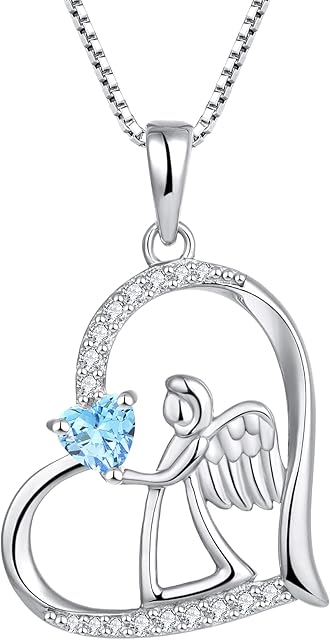 FJ Heart Guardian Angel Necklace 925 Sterling Silver Angel Wing Pendant Necklace with Birthstone Cubic Zirconia Jewellery Gifts for Women Girls
