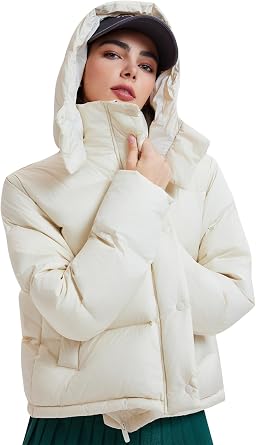 800 Fill Short Down Puffer Jacket, Relaxed Fit Lightweight Ski Winter Jacket & Coat Snap Button Puffy Cropped Outerwear