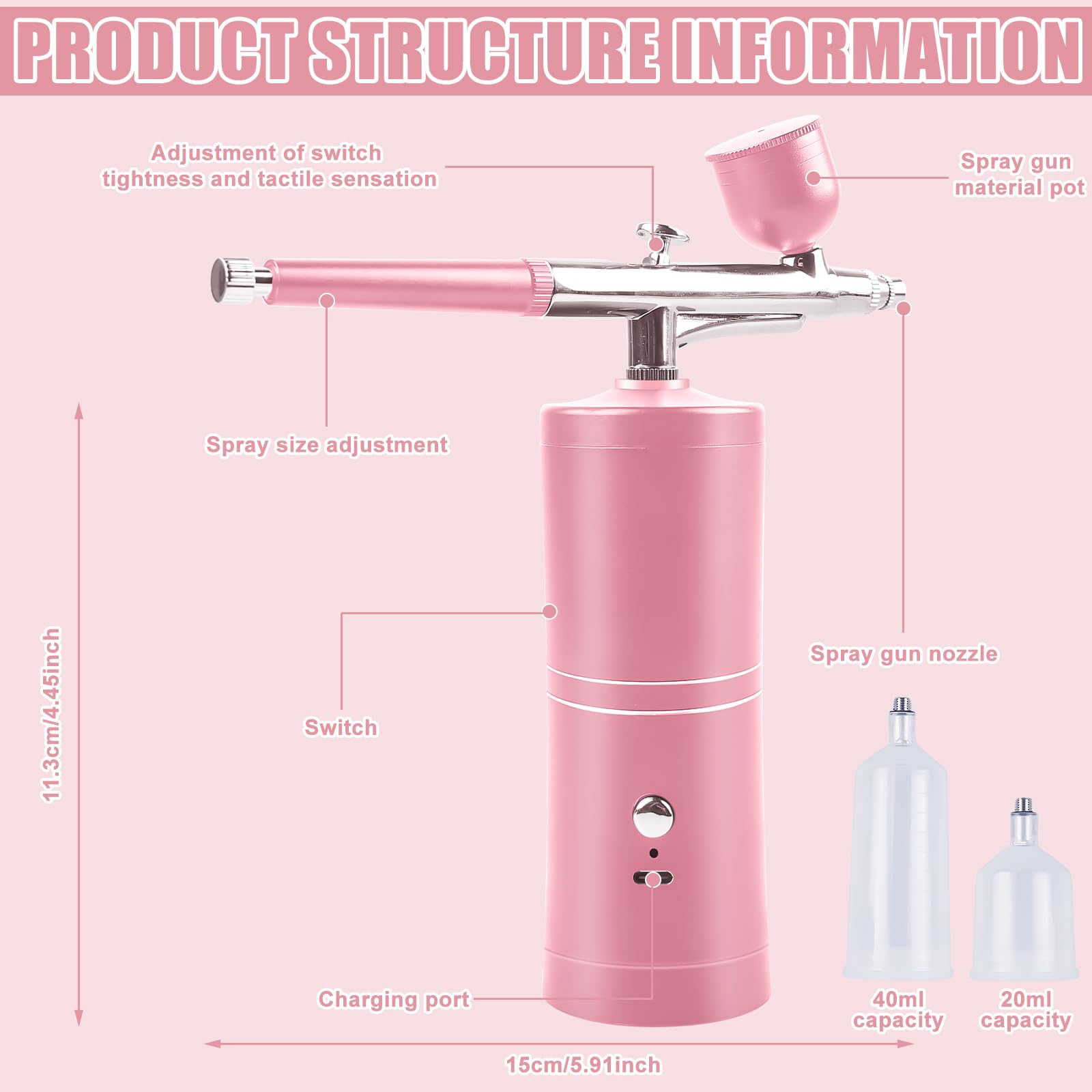 Kit Aerografo Con Compressore, Compressore Aerografo, Kit Aerografo Ricaricabile Aria Spazzola Airbrush Pistola Aerografo Portatile Spazzola Aria Per Trucco, Nail Art, Decorazione Torta Rosa