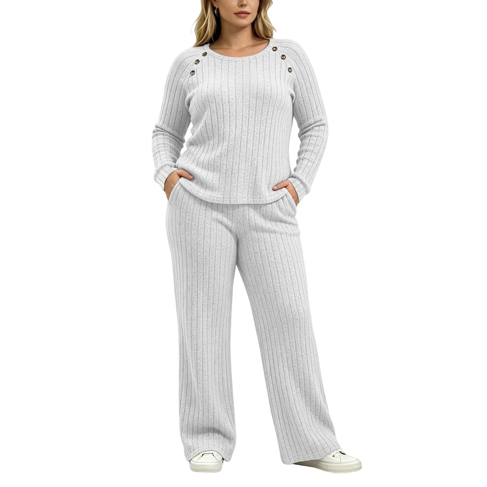 Genérico Conjunto de Punto Elegante con Pantalón y Suéter de Botones