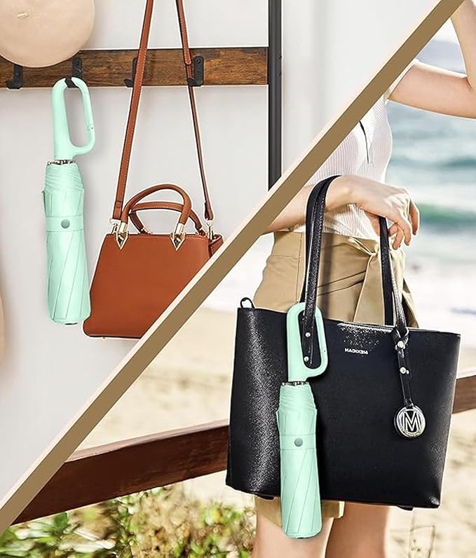 Image of TEKCOOL UV Umbrella with Novelty Carabiner Handle, Travel Umbrellas for Rain and Sun Windproof Compact, Automatic Open Close, 8 Ribs, Portable Umbrella for Men and Women(Light green)