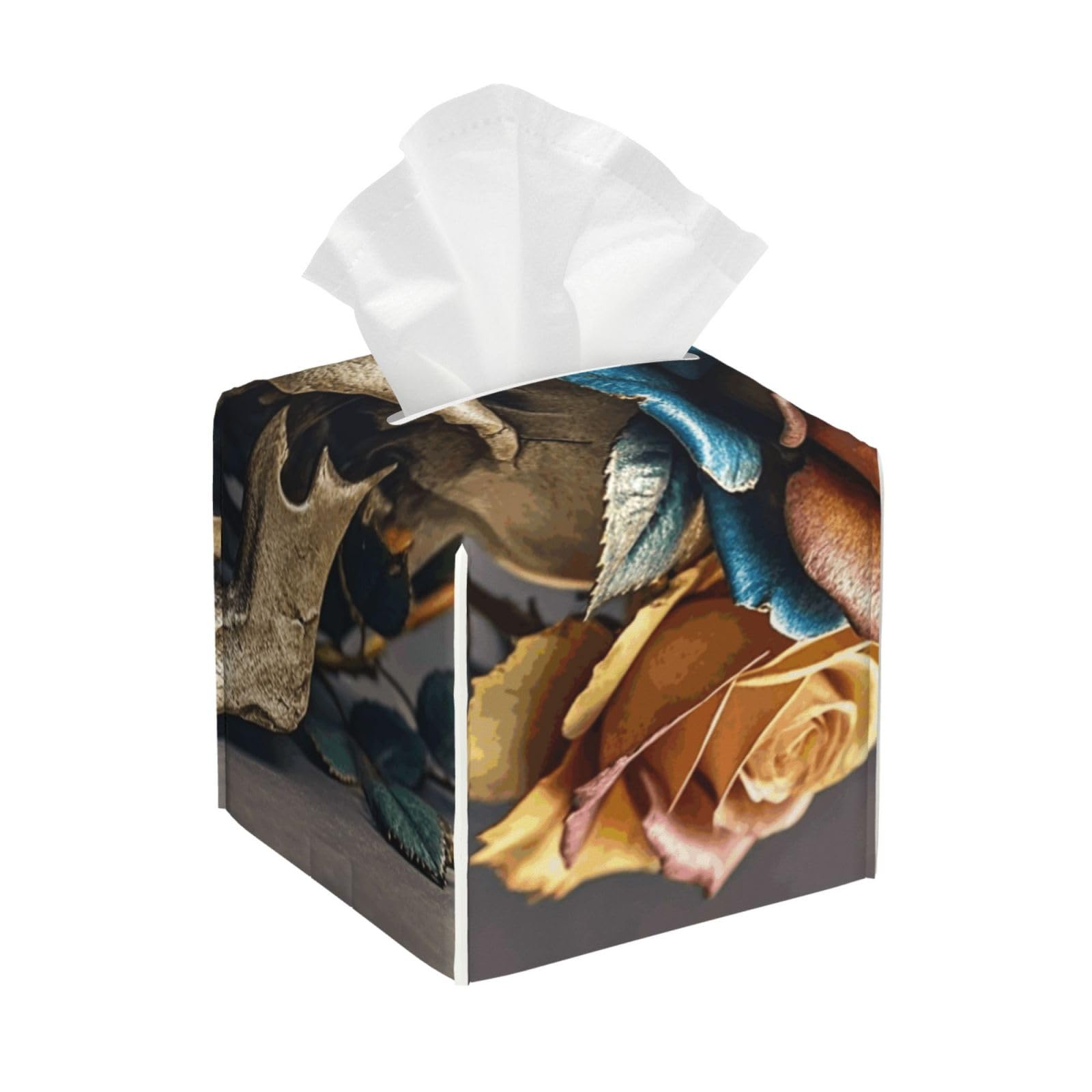 Pu Leather Cube Tissue Box Holders Modern Waterproof Square Tissue Box Cover Leather Rose Skull Facial Paper Holder for Bathroom Kitchen Nightstand Office Home Decor