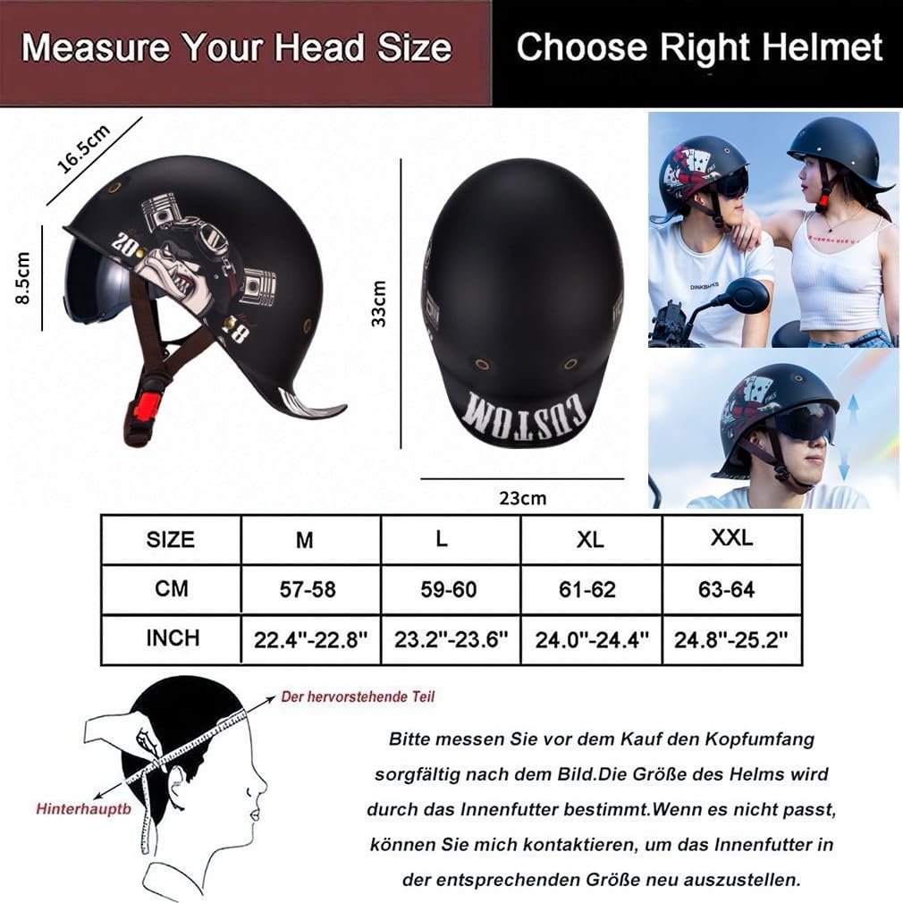 Motorrad Halbhelm Halbschalenhelm Mit Maske Und Brille Geliefert ECE-Zulassung Motorradhelm Mit Schrumpfbare Innengläser LüFtungsloch Schnellverschluss M-XL 57-62CM