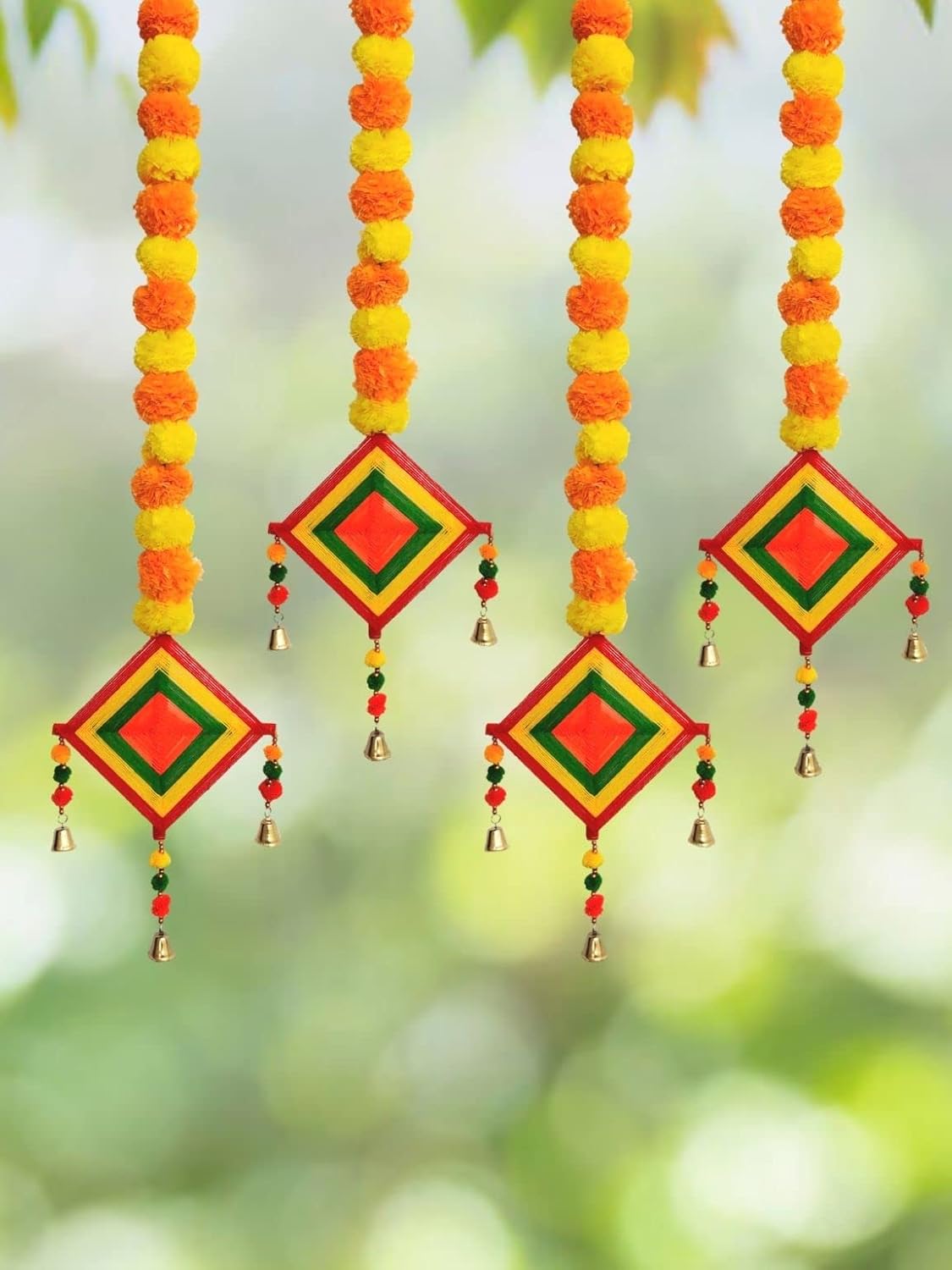 USP-Tradex Artificial Marigold Fluffy Flower and Woolen Kite Hangings – (Pack of 4)