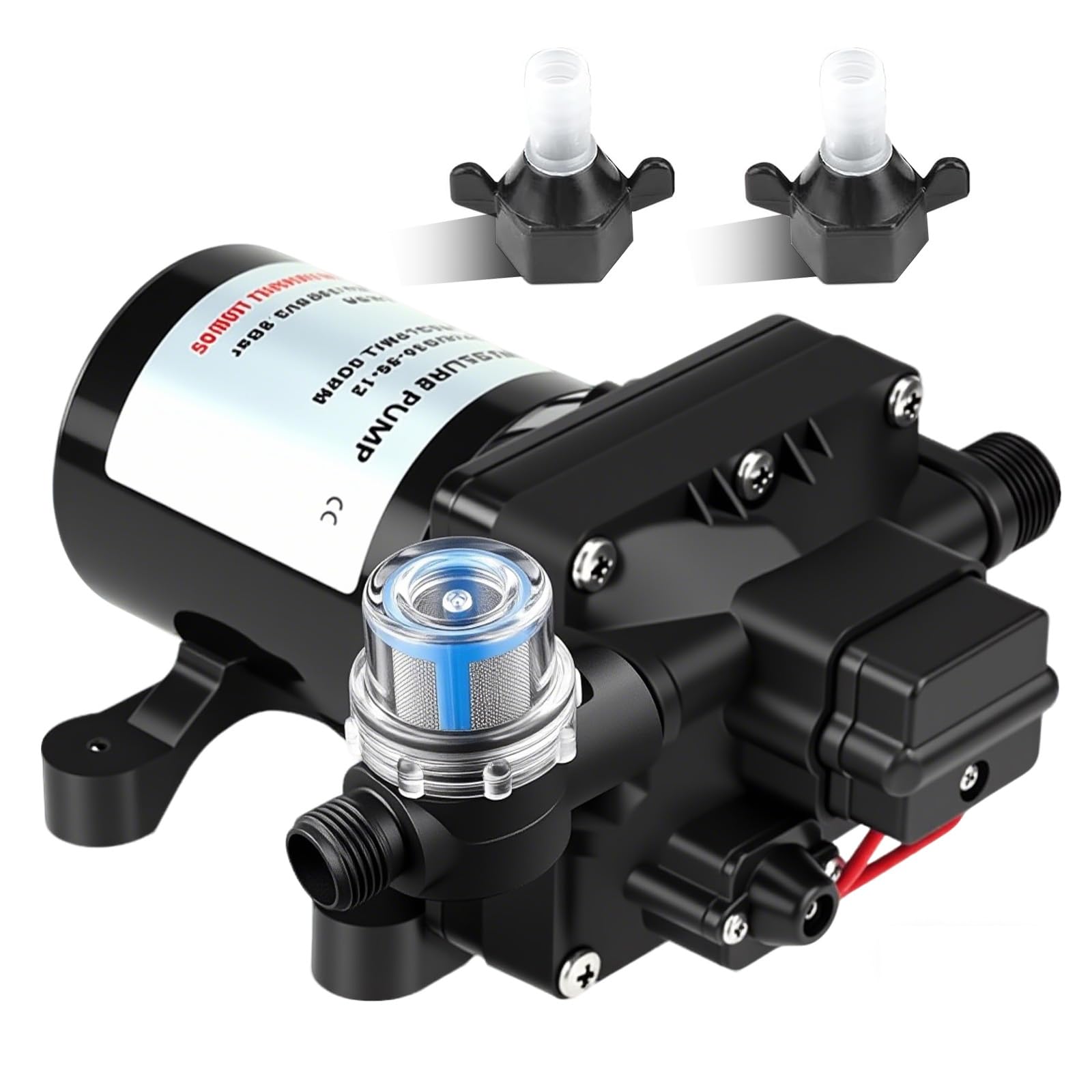 Selbstansaugende Wasserpumpe 12v für Wohnmobil, 4008-101-E65 Druckwasserpumpe 12v Wohnmobil, 4-Kammer-Membranpumpe mit einstellbarem Druckschalter (55 PSI/3,8 bar), PVC & Kupfer, 3 GPM/11.3 LPM