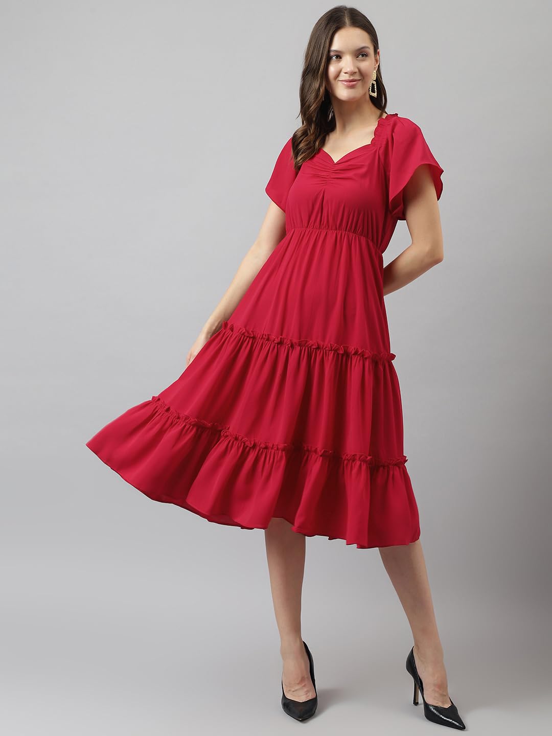Toochki Women's Red Rayon Solid Fit & Flared Regular Fit Western Midi Length Kurti A Line Style Summer Wear Kurtis Trendy Colour Midi Type Kurtas