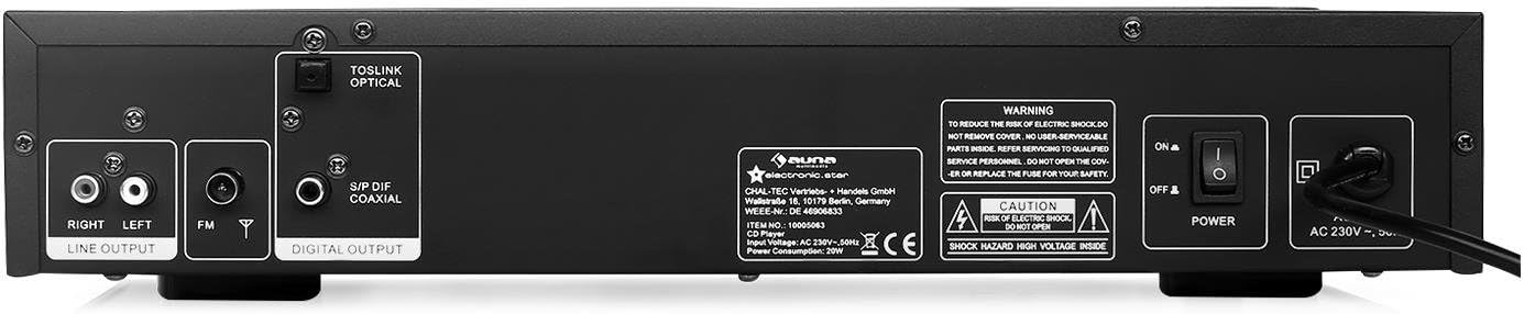 posterior view of the AUNA AV2-CD509 HiFi CD Player, showing various audio output ports and power input.