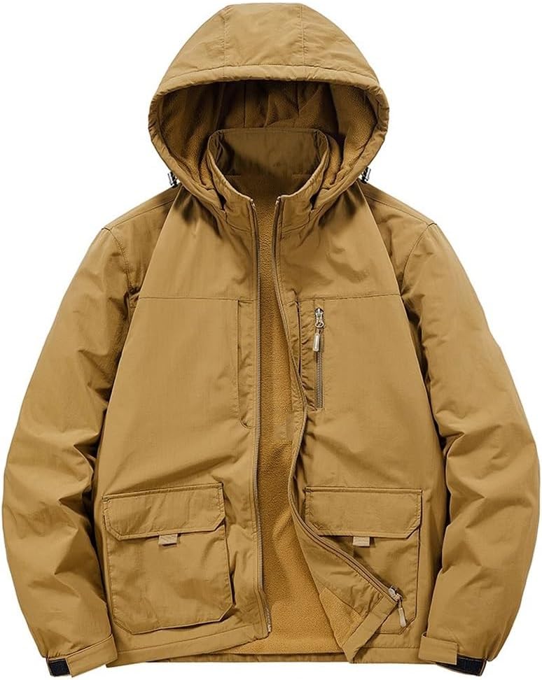 JSEIAJB Men's thick Autumn Winter Multi bag Loose Oversized Casual Waterproof Jacket with Plush