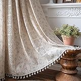 Lanqinglv Boho Curtains Blackout,Beige Window Curtains for Bedroom Living Room,Cotton Linen Curtains Drape with Macrame Tassels,1 Panel Farmhouse floral Curtains with Rod Pocket,59" W x 71" L