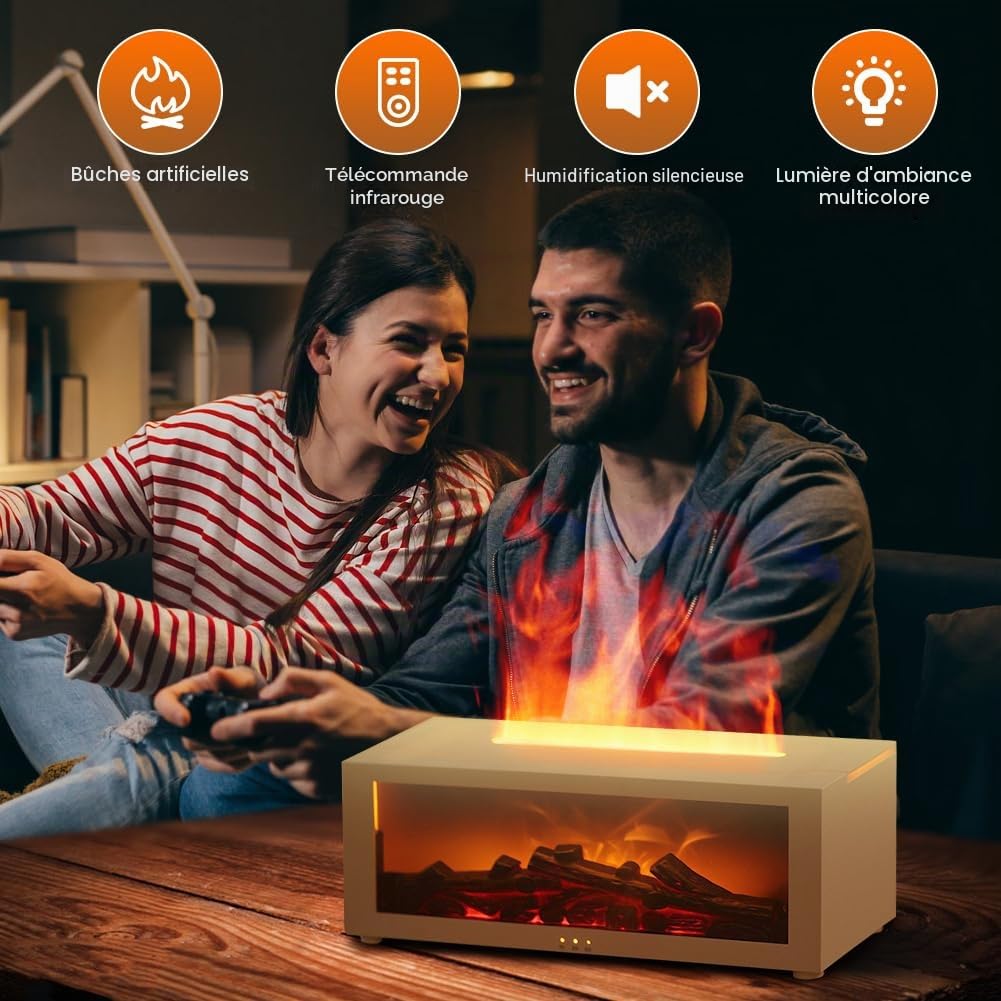 Diffuseur d'arômes blanc 7 effets de flammes, 150 ml, huile essentielle, humidificateur minuterie télécommande, changement lumière portable maison bureau