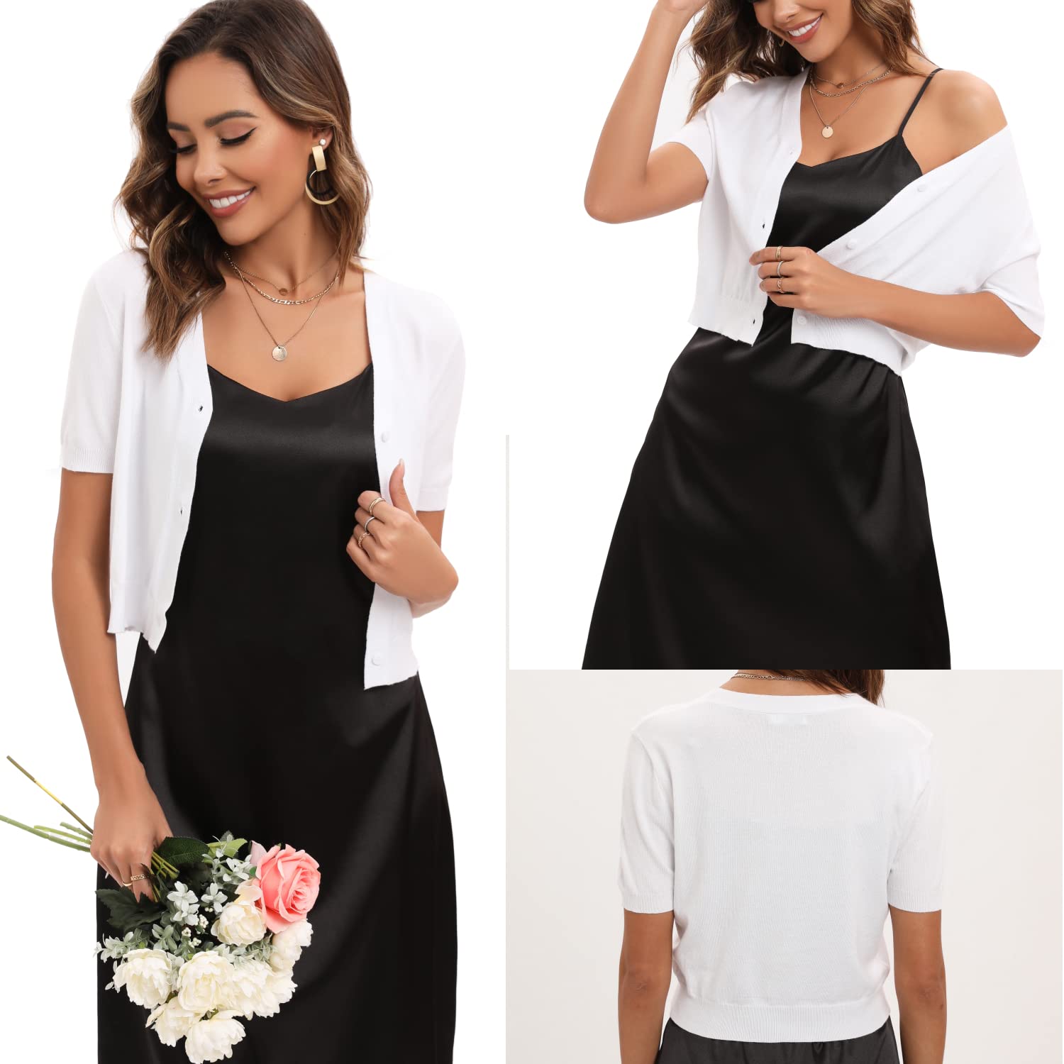 Boléro Femme Tricot Gilet Court Veste Cardigan Bouton Manches Courtes pour Robe Bretelle T Shirt Soirée Fête Décontracté Chic Elégante