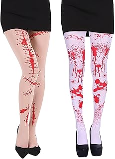 FUIPVGI 2 Pares Medias Blancas Manchadas de Sangre, Medias con Manchas de Sangre, Medias Blancas con Sangre, Mujer Manchado de Sangre Medias para Festivales de Zombies (blanco, color de piel)