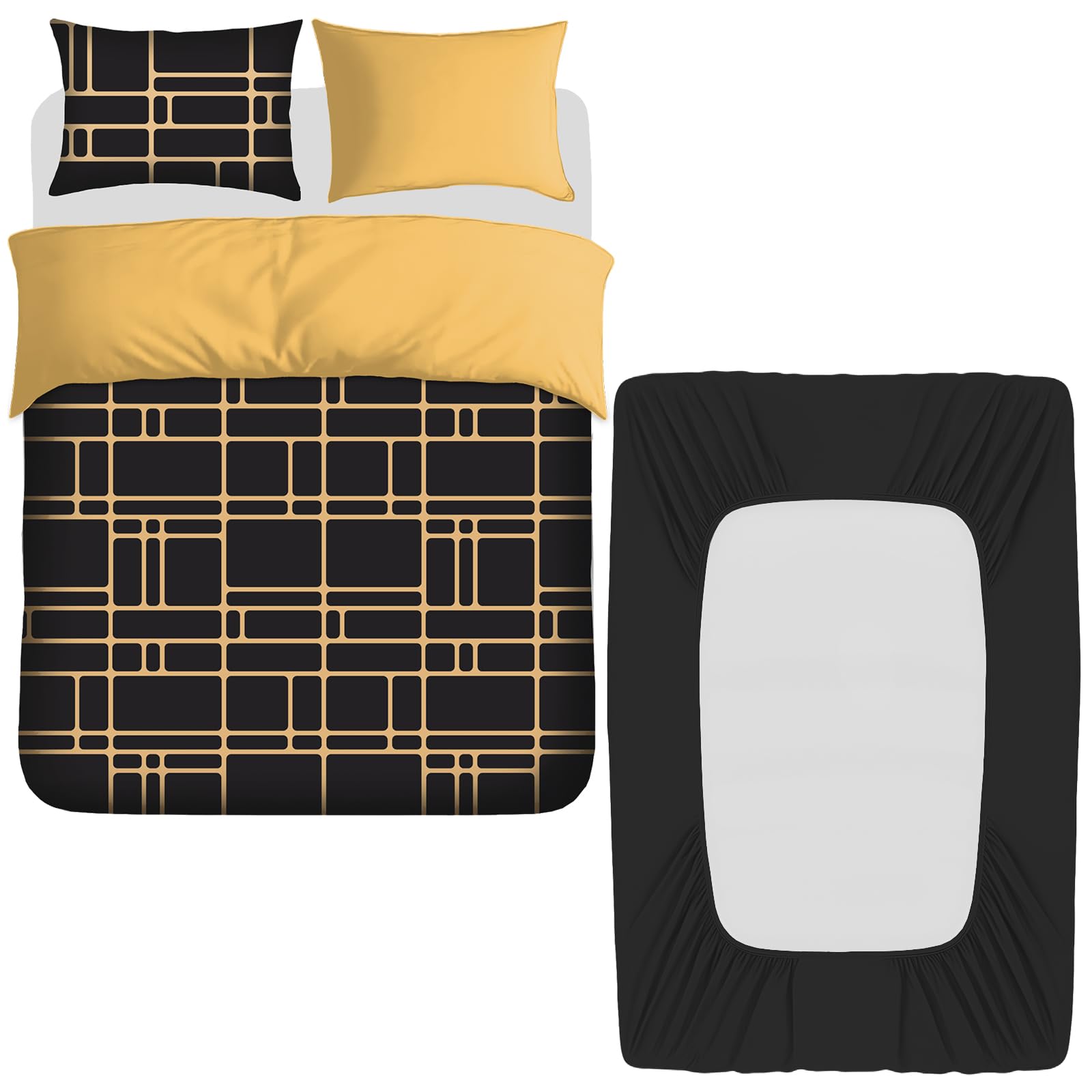 Pamposh 4 Pcs Double Duvet Set with Matching Black Double Fitted Sheet 40 cm Extra Deep Pocket - UltraSoft Breathable Premium Microfibre Reversible Quilt Cover Bedding Set For All Seasons
