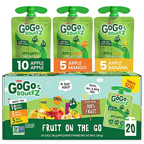 GoGo squeeZ Fruit on the Go Variety Pack, Apple, Mango & Banana, 3.2 oz (Pack of 20), Unsweetened Fruit Snacks for Kids, Gluten Free, Nut Free and Dairy Free, Recloseable Cap, BPA Free Pouches #1