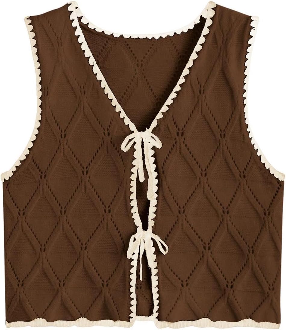 Verdusa Women's Old Money Bow Tie Crochet Sweater Vest Contrast Binding Knot Front V Neck Knit Top