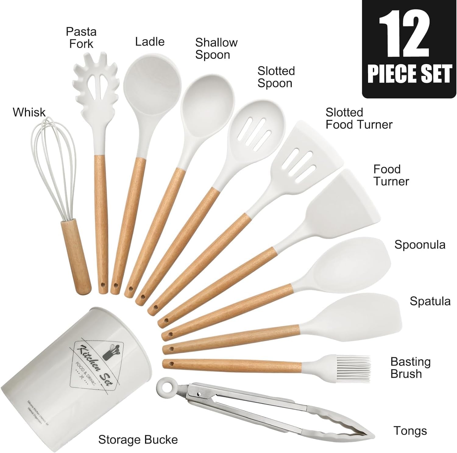 12 pcs Silicone Cooking Utensils Kitchen Utensil Set with Holder Heat Resistant Silicone Spatula Turner Set Wooden Spoons Kitchen Gadgets Tools Cooking Utensils for Nonstick Cookware