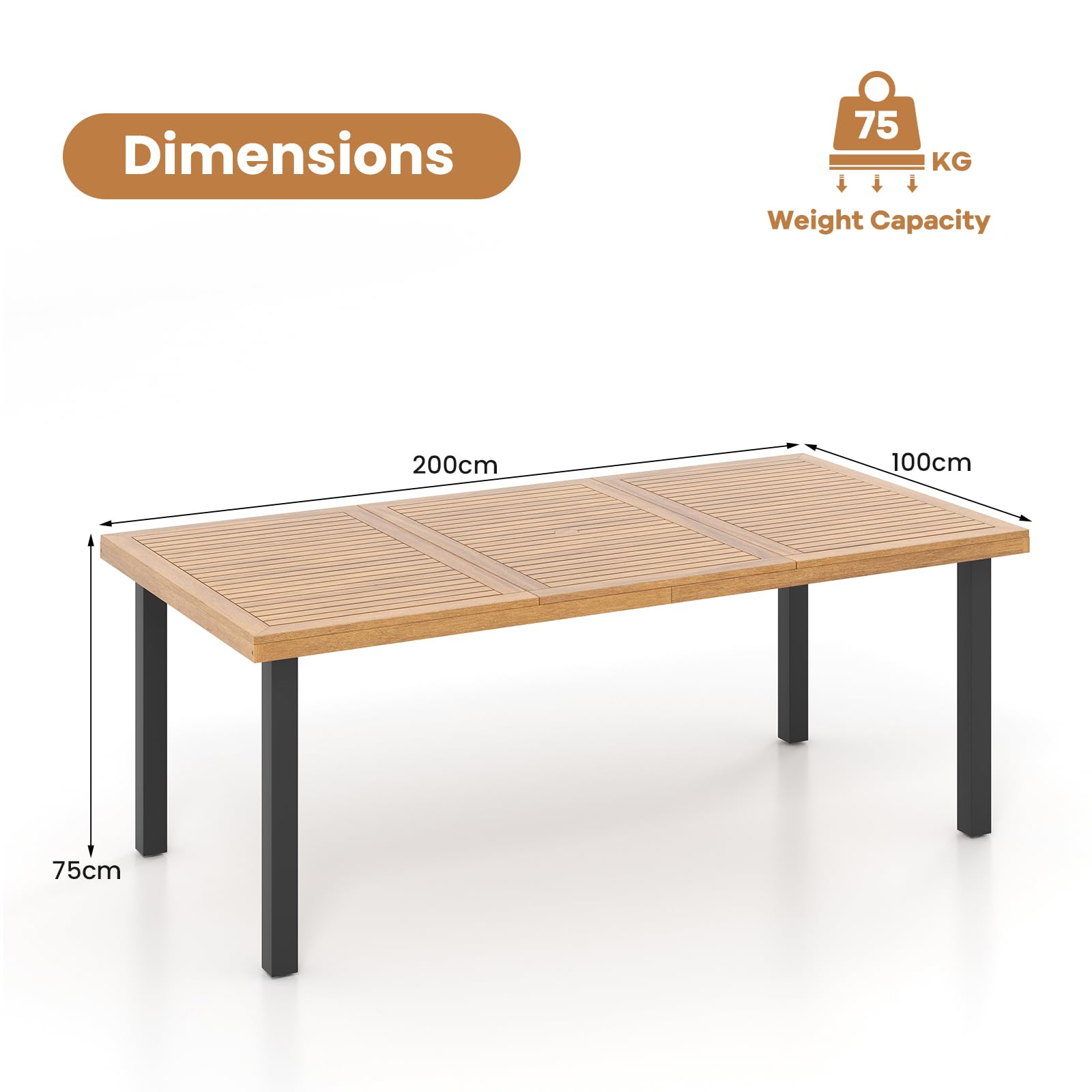 KOMFOTTEU Mesa de Jardín de Madera de Acacia, Mesa de Comedor con Agujero para Sombrilla, Mesas Rectangular para 8 Personas, 200 x 90/100 x 75 cm, para Terraza, Balcón, Patio (Modelo C)