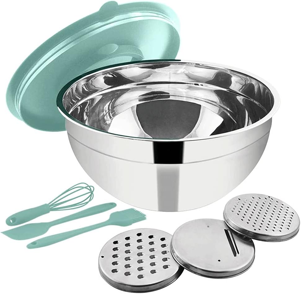 Mixing Bowl Stainless Steel Salad Mixer Bowl 4.5QT with Lid and 3 Grater Attachments for Kitchen Cooking Baking Food Container (Color : Size : 5 pcs) (Green 8 pcs)