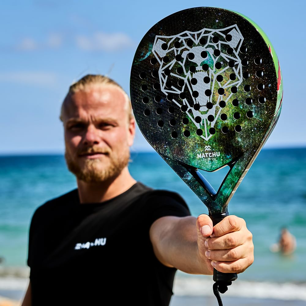MATCHU - rakieta Padel - zawiera torbę do przenoszenia - rama ze 100% włókna węglowego z warstwą wierzchnią z włókna szklanego - miękka pianka EVA - technologia 3D-Grip - 47 x 3,8 cm - 360 g - dla