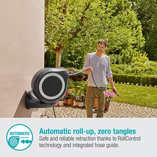 Gardena Wall-Mounted Hose Box RollUp M 20 m: Flexible watering for medium-sized gardens, swivel hose reel, with wall bracket, system parts and nozzle, including 20 m hose (18612-20)