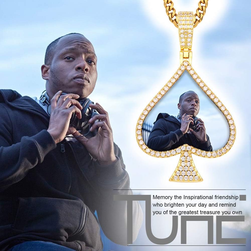 TUHE 18K Gold or Platinum Plated Custom Picture & Text Necklace Personalized Hip Hop AAA CZ Iced Out Black Heart Pendant Photo Necklace for Men Women Memory Chain Necklace Customized Rope/Tennis