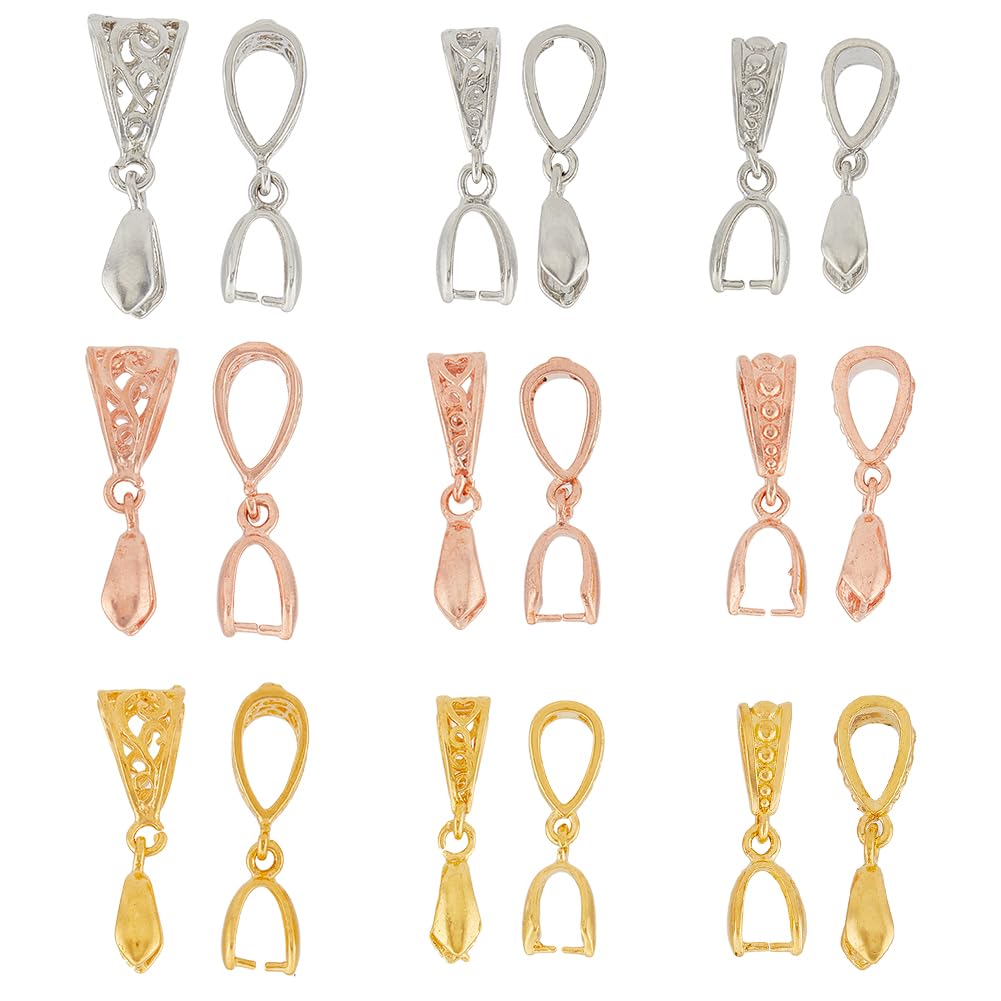 SUPERFINDINGS 96Pcs Brass Pinch Bails | 9 Styles Jewelry Making Clasps | Silver Ice Pick Pinch Bails For Pendants