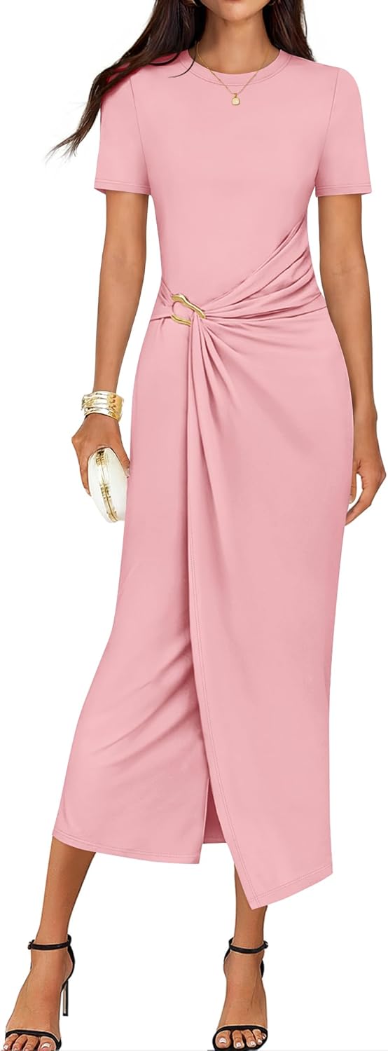 ZESICA Women's 2026 Summer Short Sleeve Bodycon Midi Dress Crewneck Ruched Split Wedding Guest Cocktail Wrap Dresses