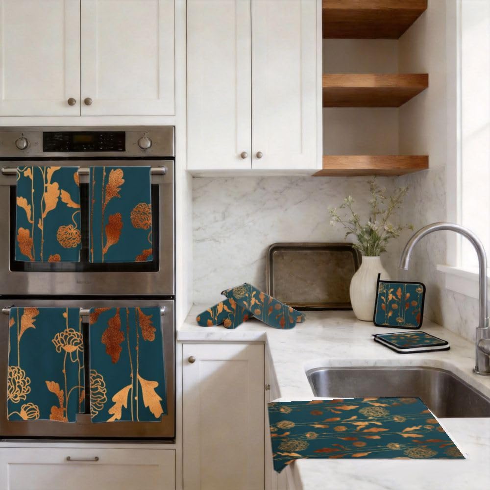 9PCS Golden Floral Wallpaper Cucina Decor e Accessori Set