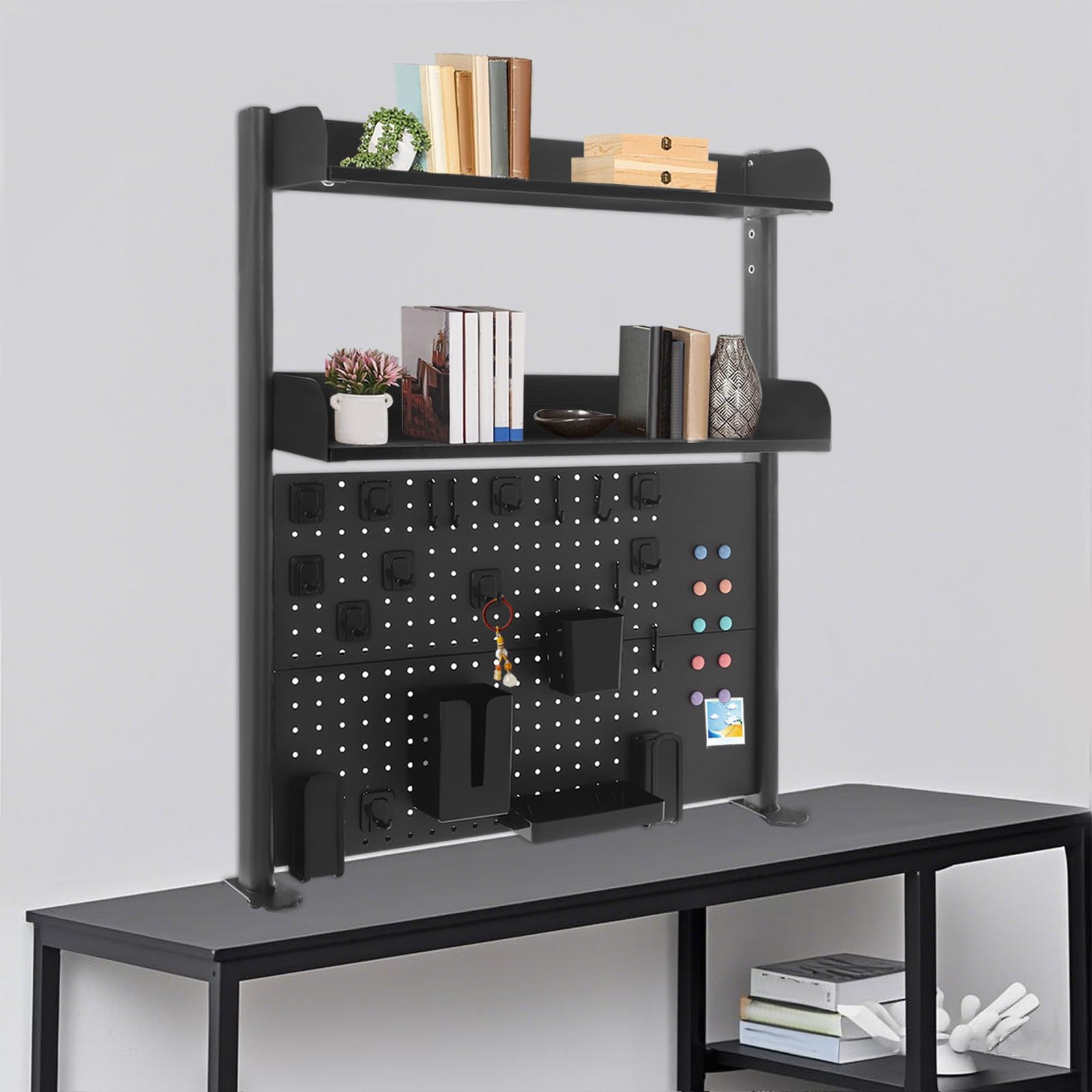 Klemmbare Schreibtisch Regal, 2 Ebenen Büro Computertisch Zubehör Organizer für Büro, Gaming, Zuhause, Aufhängbar, Klemmregal Mit Lochwand (Schwarz, 95x80x12.5cm)