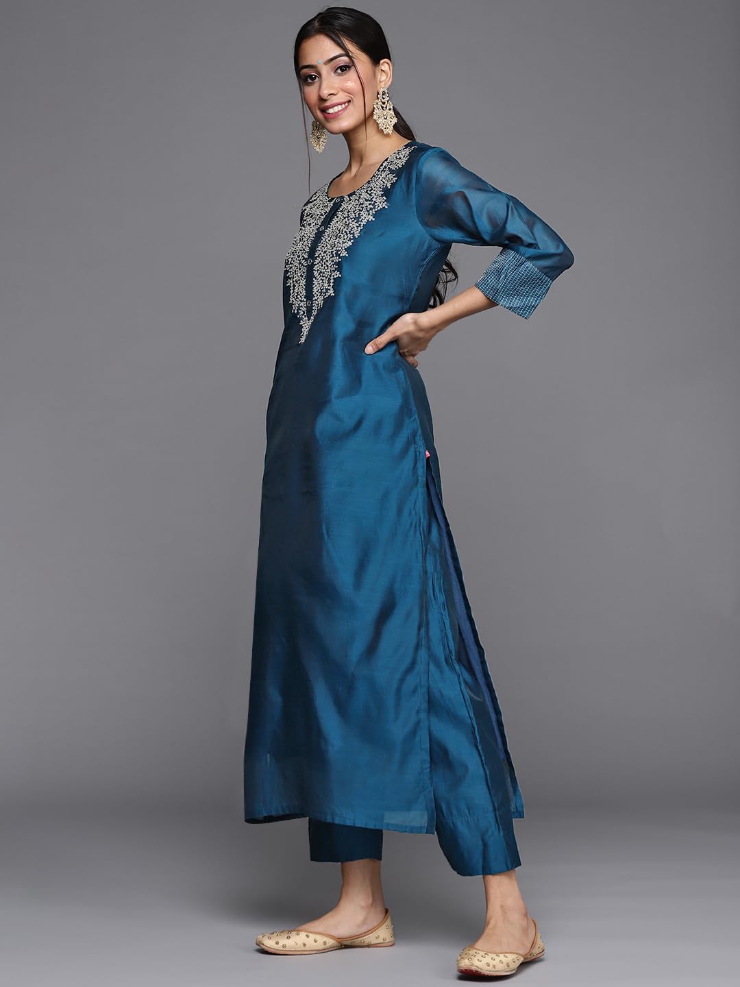 Varanga Teal Zari Embroidery Kurta Trouser Set With Red Kalamkari Silk Dupatta.