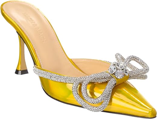 Womens Bow Rhinestone Pointed Toe Pumps,Fashion Sparkly Bowknot Closed Backless Slingback Heels Summer Slip on Wedding Bridal Dress Sandals