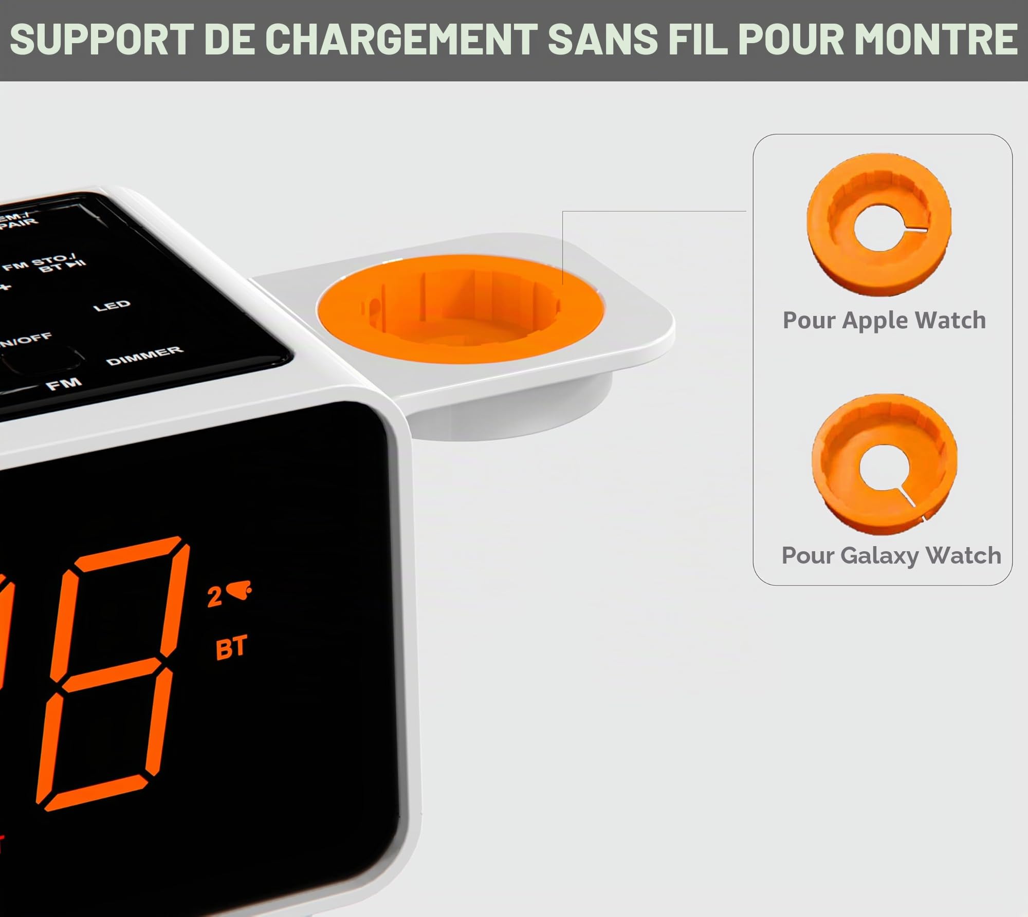 iTOMA Radio-réveil à Double Charge sans Fil avec Haut-Parleur Bluetooth, Radio FM Numérique, Deux Ports USB, Double Alarme, Veilleuse, Commande de Gradateur et écran Orange 1,4" CKS209