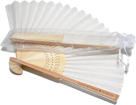 Personalized Engraved Silk Fans Folding Hand Fans with Organza Bags, 11Pcs White Summer Wedding Fans, Custom Imitated Silk-Bamboo Fans for Guests Wedding Party Favor Bridal Shower Gifts