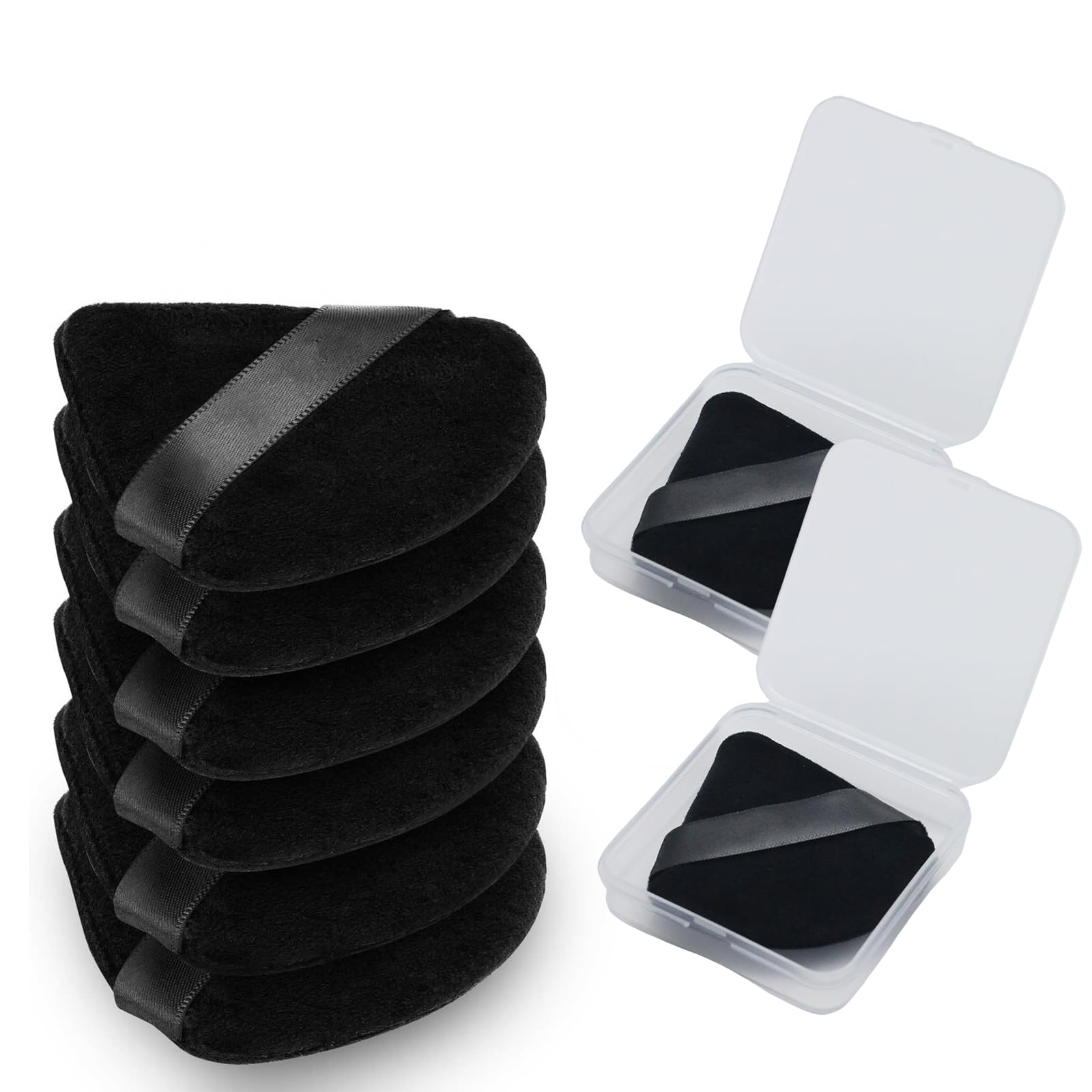 Mezrkuwr® 6 borlas triangulares con 2 estuches de viaje, borla de polvo de fijación para polvos faciales e base, esponja de terciopelo suave para maquillaje en polvo suelto, color negro