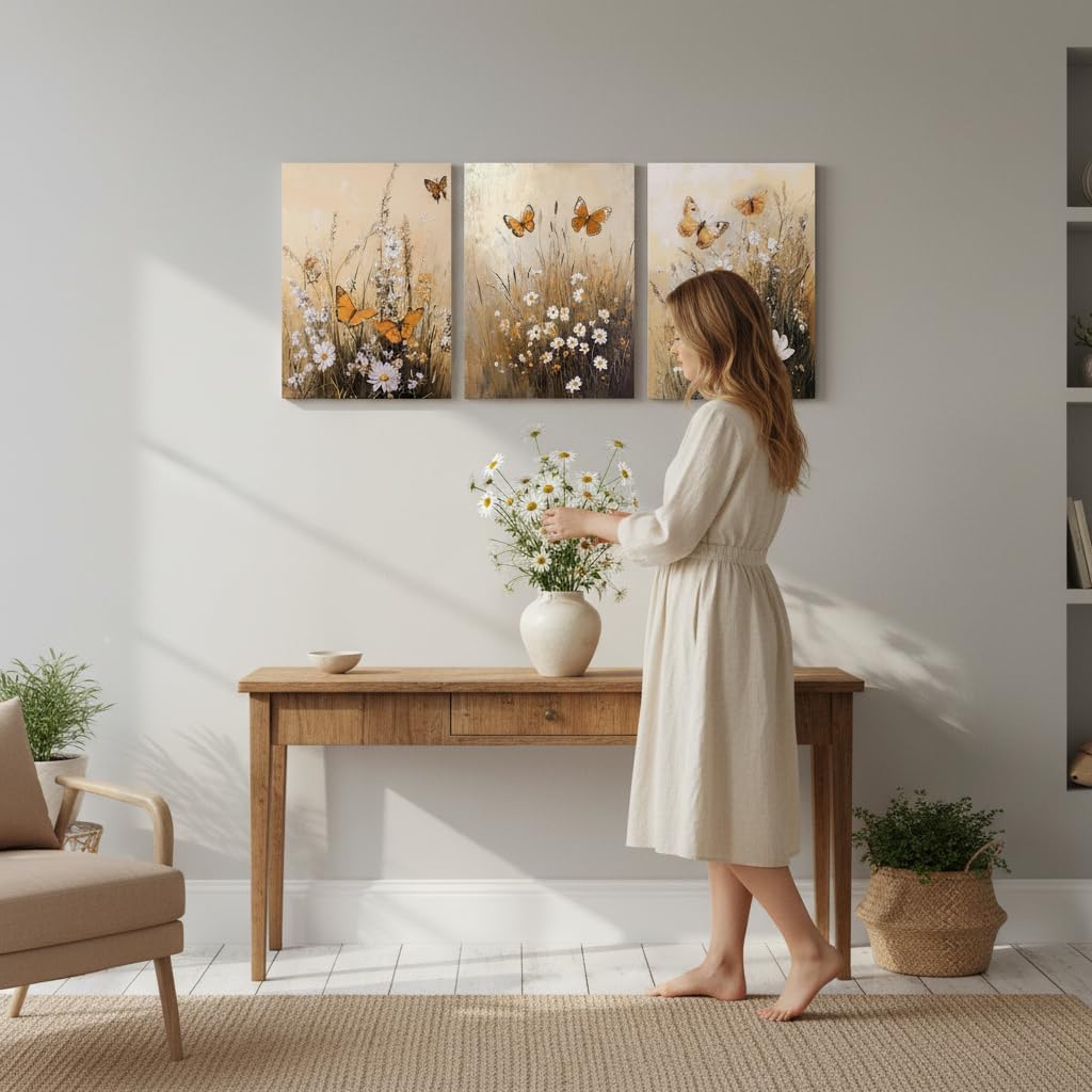 Fochorlo Butterfly Wall Art Flowers Wall Decor Orange Brown Pictures Prints Decoration for Bathroom Living Room Bedroom 12x16x3