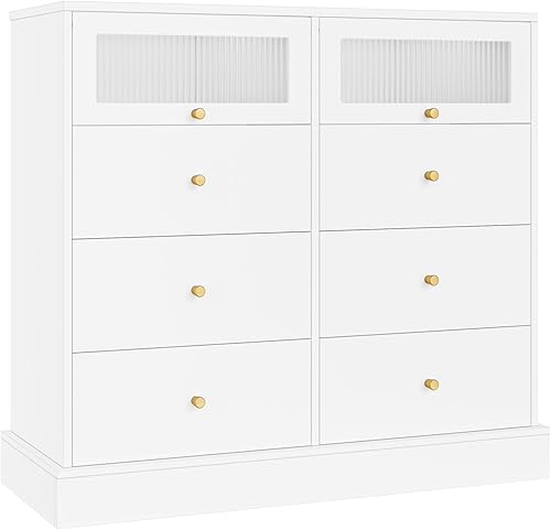 Miniatura 9 de finetones Cómoda blanca, cómoda de 8 cajones, cómoda doble para dormitorio con puerta de vidrio estriada y patas de metal dorado, cómoda moderna