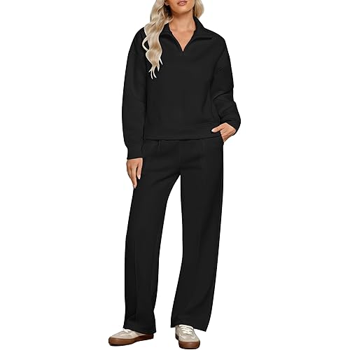 GRAPENT Sweatsuits Womens Sets 2 Piece Outfits Fleece Half Zip Sweatshirt Wide Leg Sweatpants Lounge Sets Tracksuits