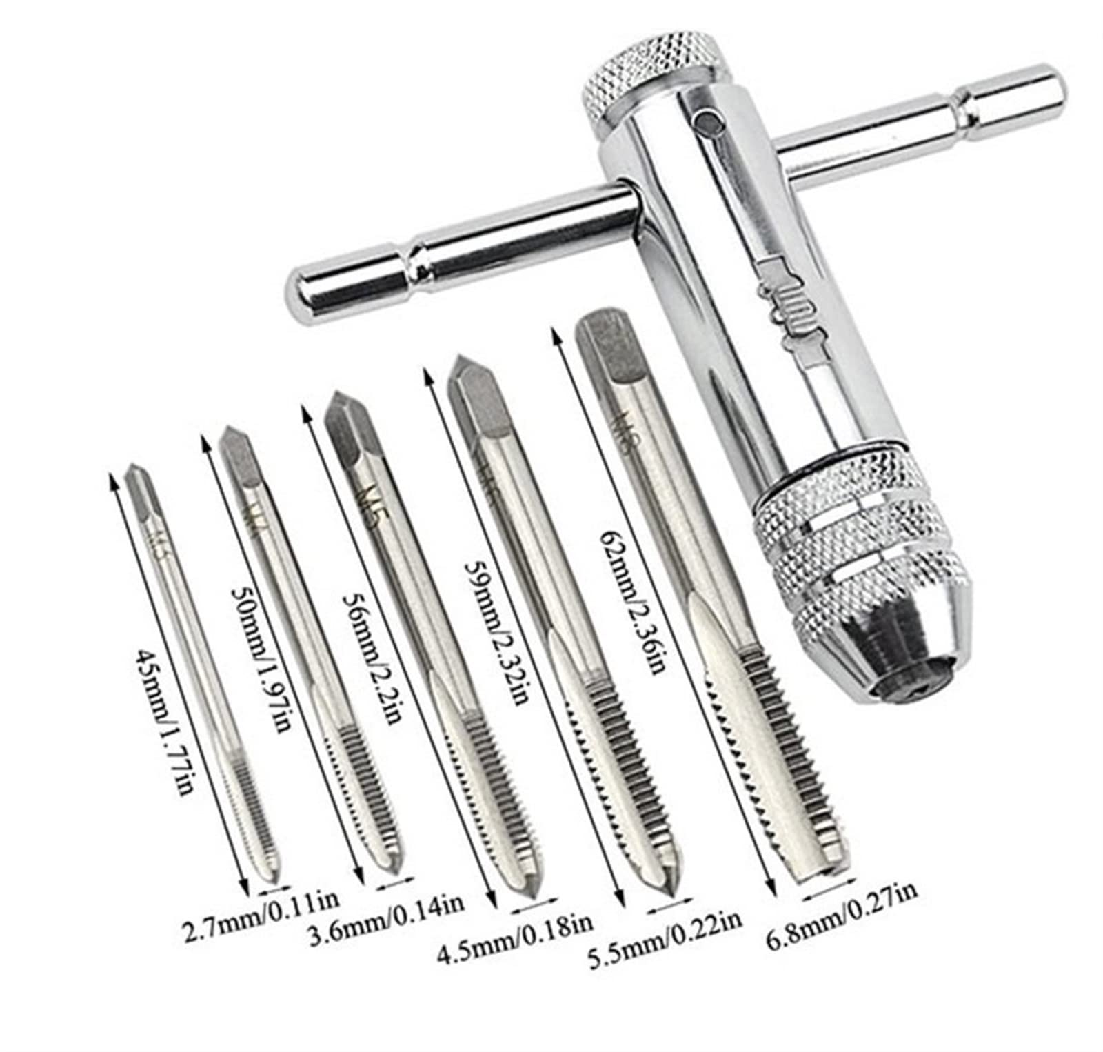 Adjustable Silver T-Handle Ratchet Tap Holder Wrench with 5pcs M3-M8 3mm-8mm Machine Screw Thread Metric Plug T-shaped Tap MINGPING (Color : 600W)