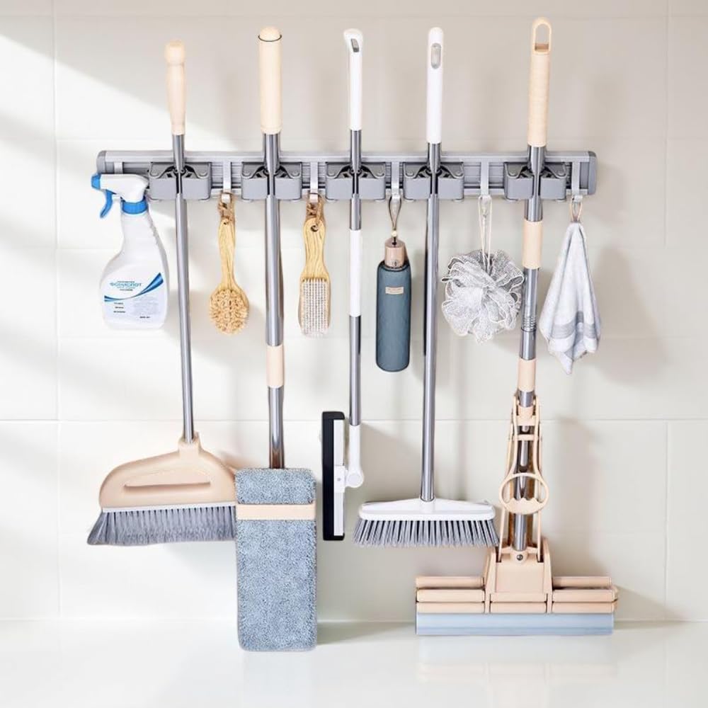 STAR WORK Heavy-Duty Space Aluminum Wall Mop & Broom Holder, Waterproof Organizer with Dual Non-Slip Grips and Utility Hooks, No-Drill Adhesive Mount for Kitchen, Bathroom.(5 MOP HOLDER 6 HOOKS)-image-37