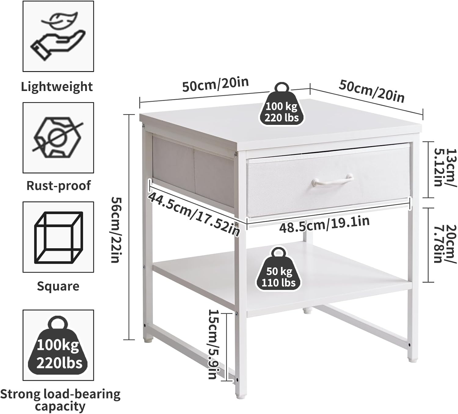 Living Room Large Side Table, End Table with Drawers, Refrigerator Stand Printer Table with Adjustable Shelves, Office Square Coffee Table White YD-TM156W