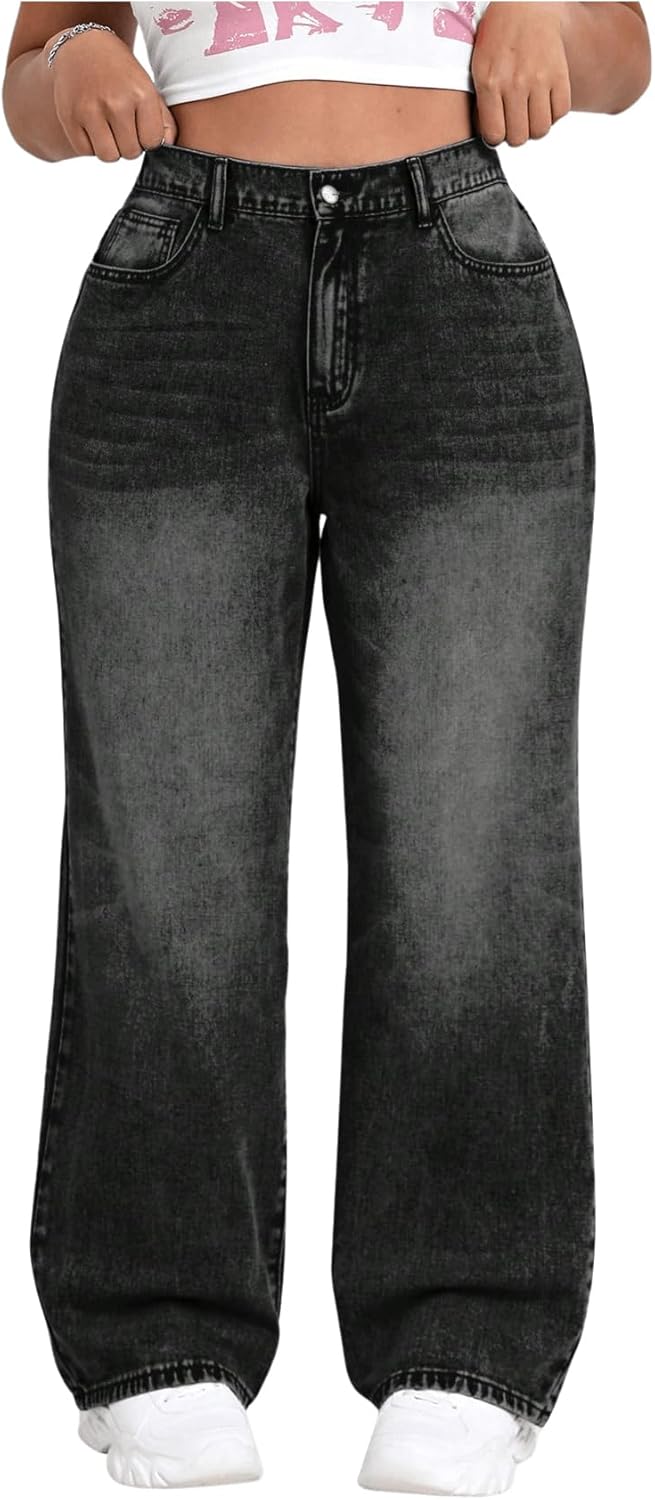 SOLY HUX Women's Plus Size High Waisted Denim Pants Straight Leg Casual Jeans