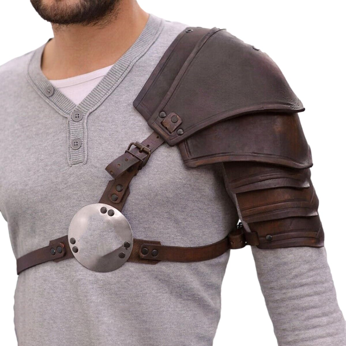 GK-OMedieval Viking Single Shoulder Armor PU Leather Gladiator Knight Pauldrons Brown