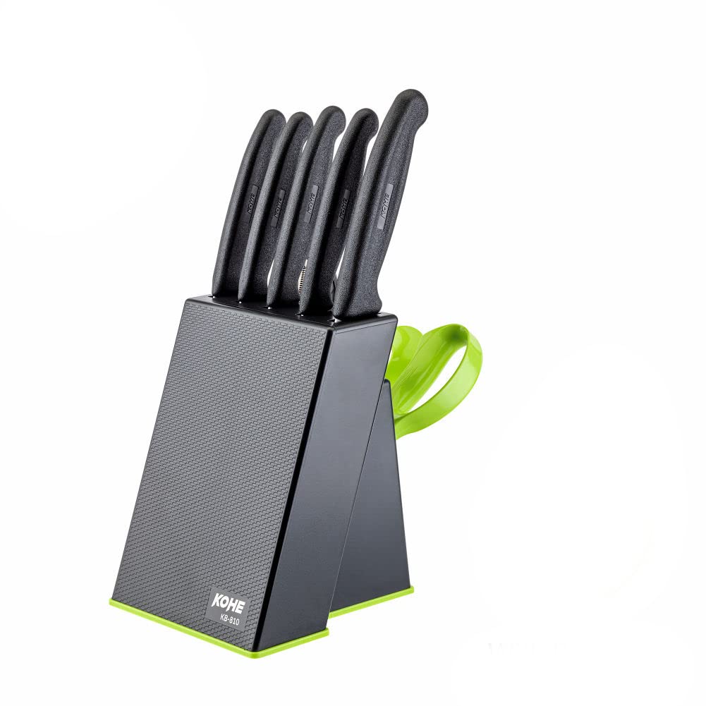 KOHE 8 PCS Stainless Steel Kitchen Knife Set with Block, Knife Holder for Kitchen, 5 Knives, 2 Peelers and 1 Scissors(KB-8...