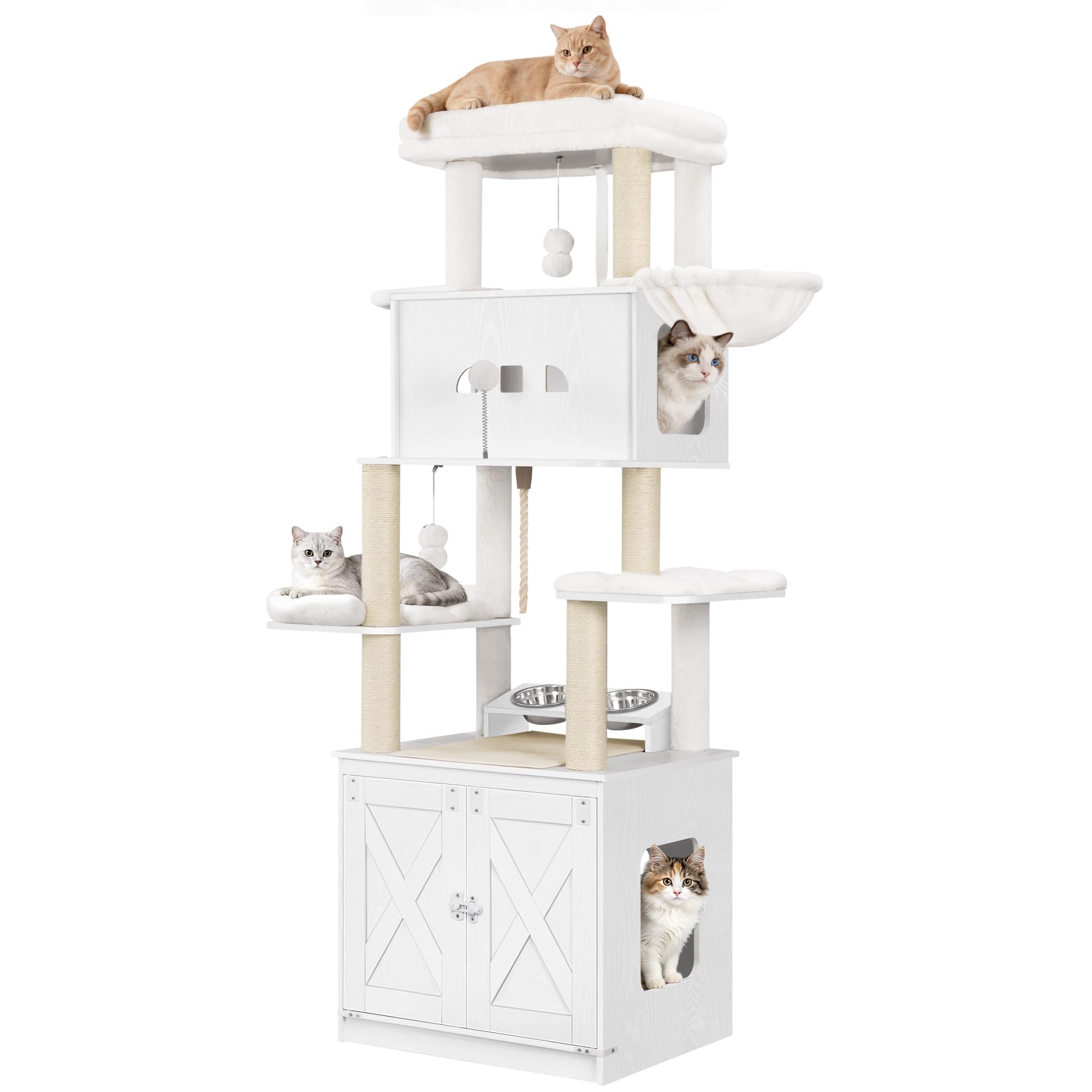 Hzuaneri Mobile Lettiera per Gatti, Albero Tiragraffi per con Ciotole, Condominio per Gatti Multilivello 173 cm, Amaca, Cuscino in Peluche Removibile e Lavabile, Bianco CB89013WT