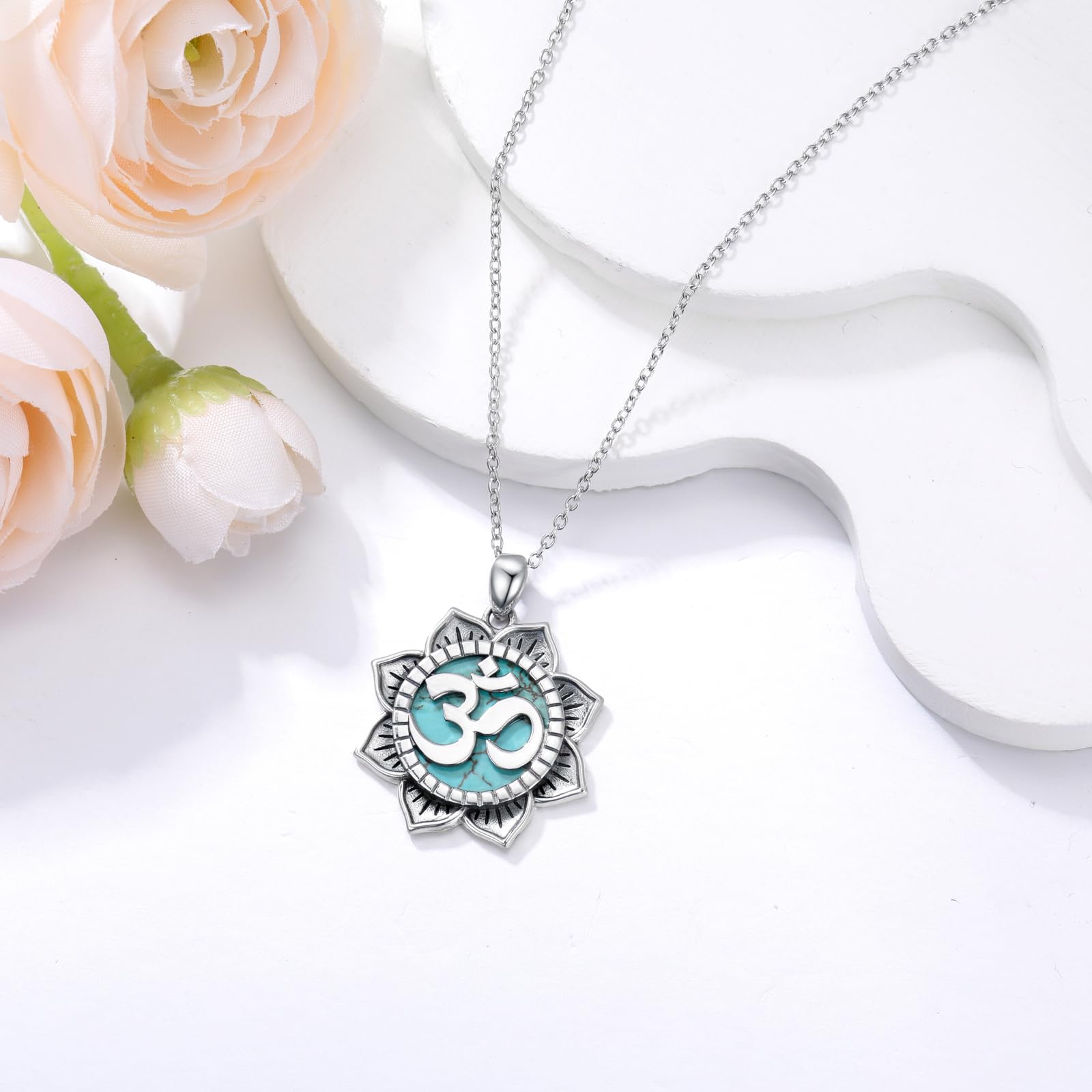 Om-Halskette 925er-Sterlingsilber echter blauer Türkis Om-Symbol Lotusblumen-Anhänger Westernschmuck Geschenke für Frauen