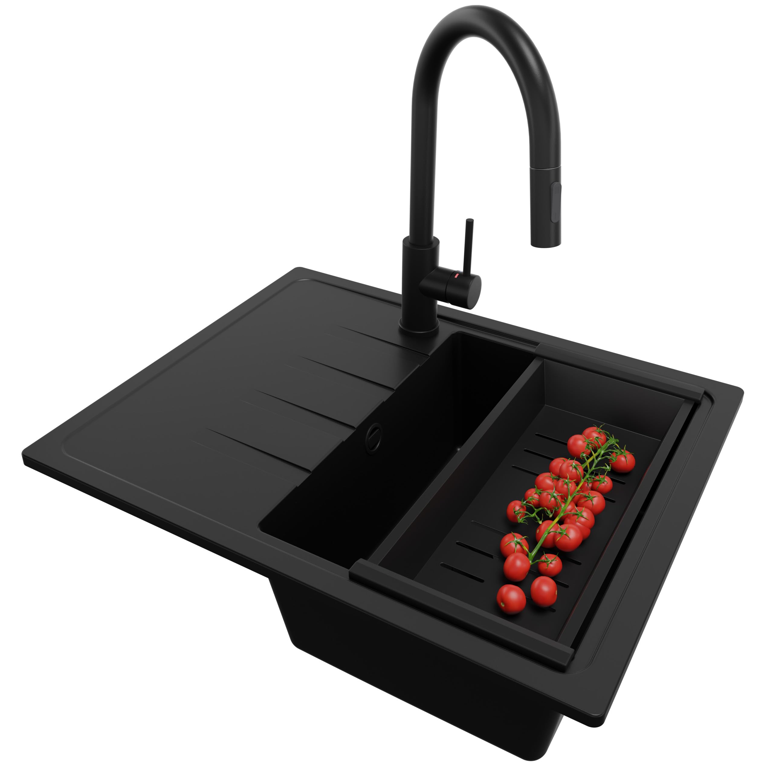 PRIMAGRAN Granitspüle Alles Schwarz - Mailand, 62x50cm | Spülbecken 1 Becken + Küchenarmatur 40x20cm + Zuberhor-Set, Küchenspüle ab 40er Unterschrank (S061)