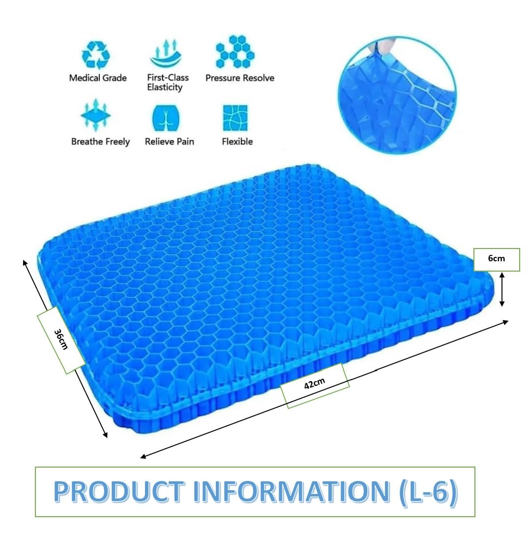 Coussin de chaise extra épais en gel pour siège de voiture - 42 x 36 x 6 cm d'épaisseur - Coussin de fauteuil roulant en gel nid d'abeille pour conduite, voyage en avion, orthopédique, coccyx