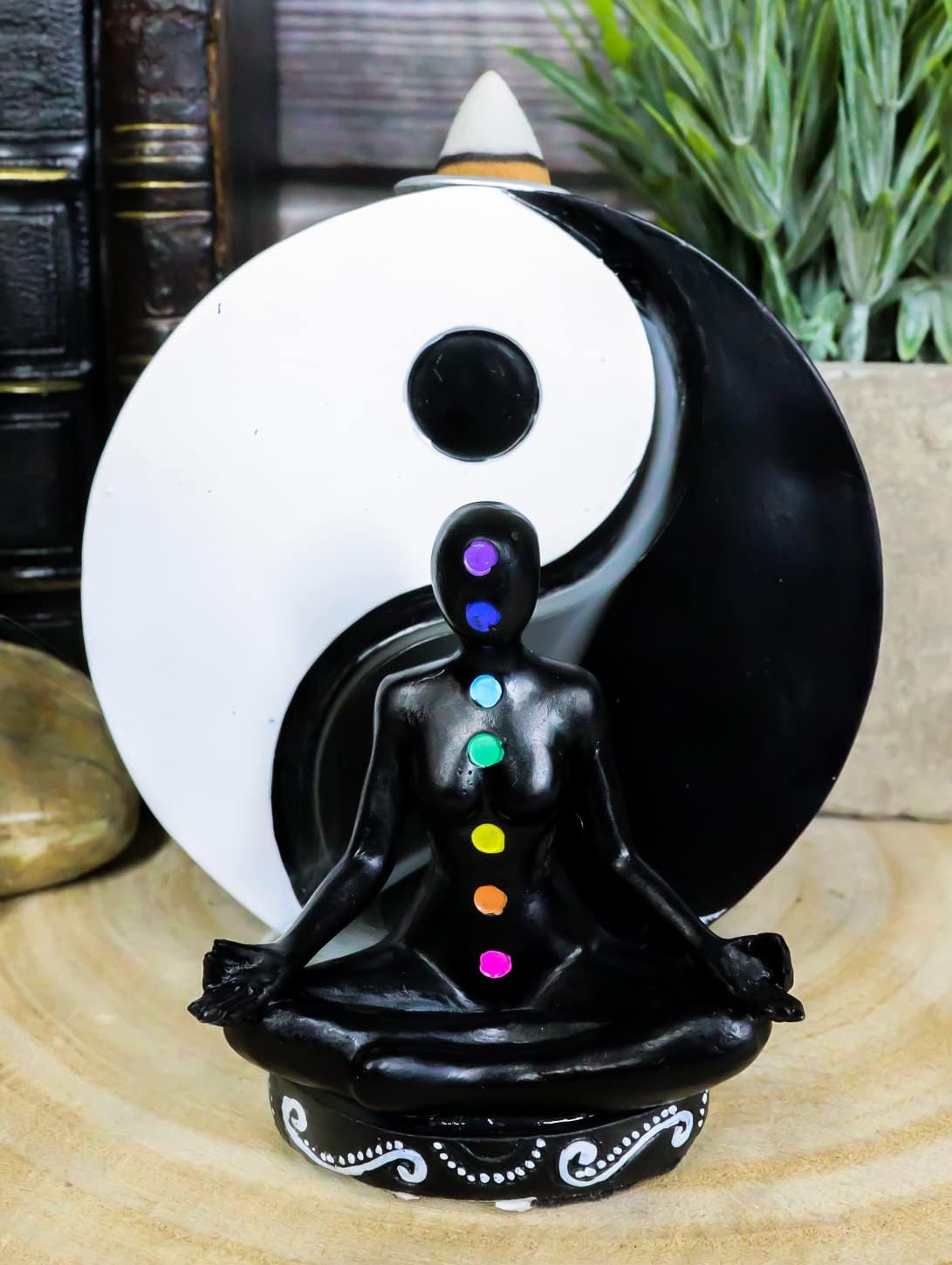 Ebros Gift Small Spiritual Harmony Chakra Yoga Avatar Sitting in Meditation with Black and White Yin and Yang Throne Backflow Incense Cone Burner Figurine with 7 Chakra Zone Colors