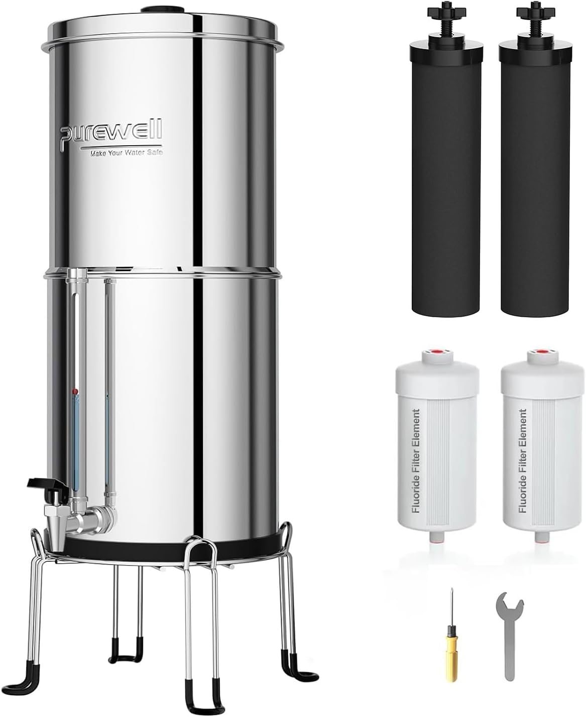 Purewell Filtre à Eau 8 5 litres par Gravité - Cuve Acier Inox 304 + 4 Filtres (Charbon/Fluor) - Robinet Visuel - Élimine 99% Fluorures/Chlore/Métaux - Sans Électricité